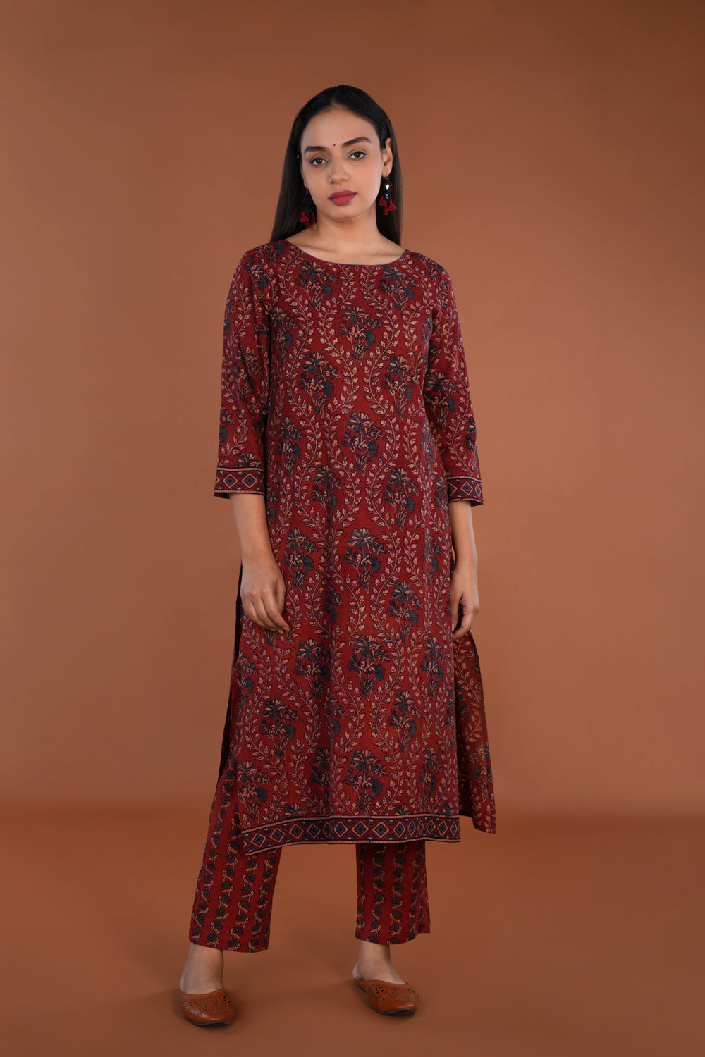 Image of Maroon Ajrak handblock printed Kurta set
